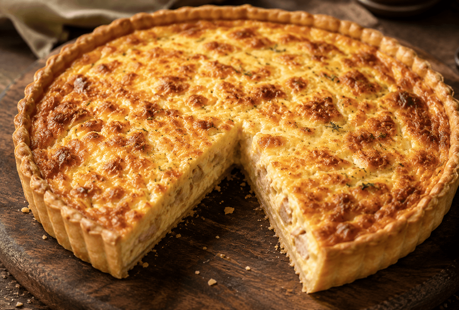 Freshly baked chicken quiche with a golden pastry crust