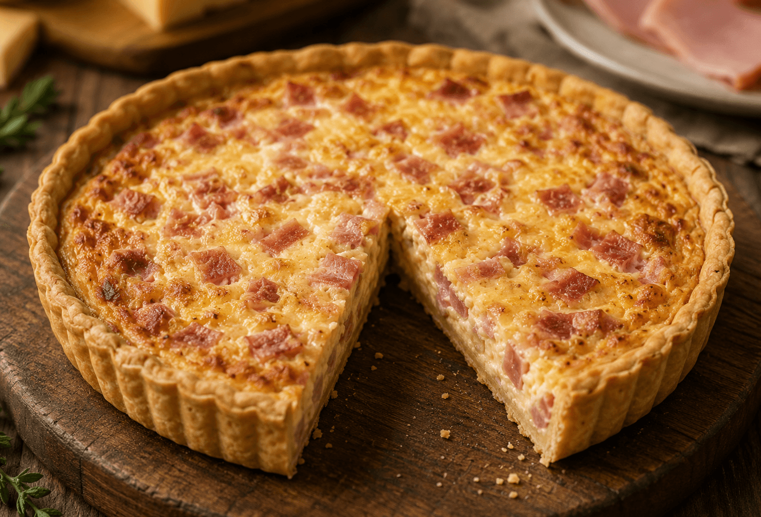 Ham and cheese quiche baked until golden