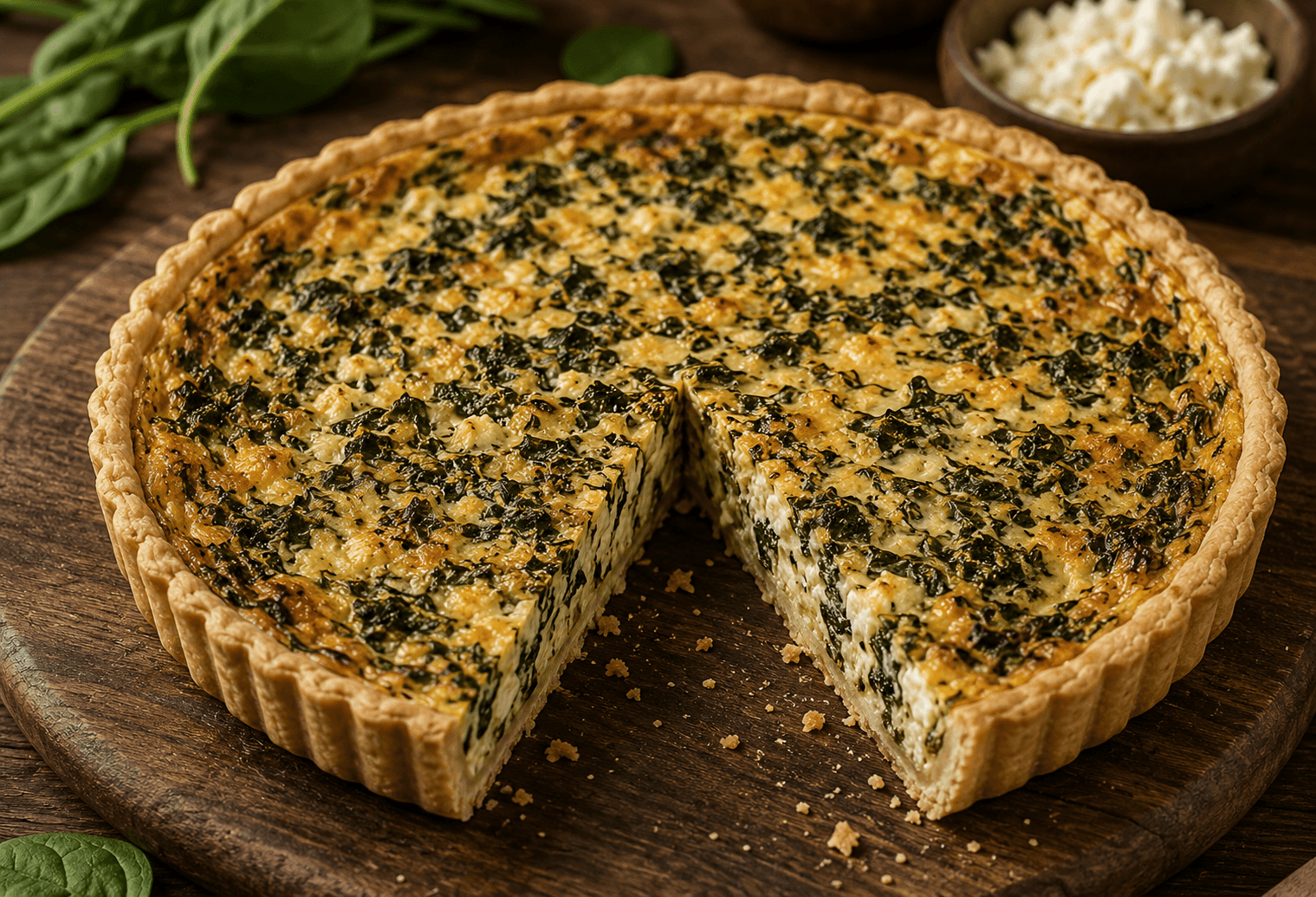 Freshly baked spinach and feta quiche with herbs and golden pastry